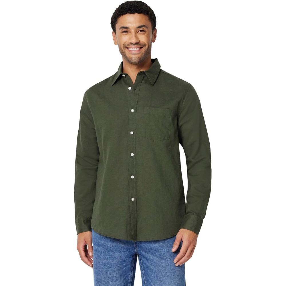 image:imageAmazon Essentials Mens RegularFit Long Sleeve Linen Blend ShirtDark Olive