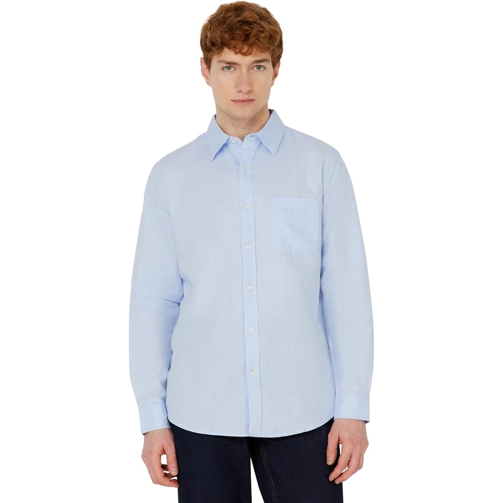 image:imageAmazon Essentials Mens RegularFit Long Sleeve Linen Blend ShirtLight Blue