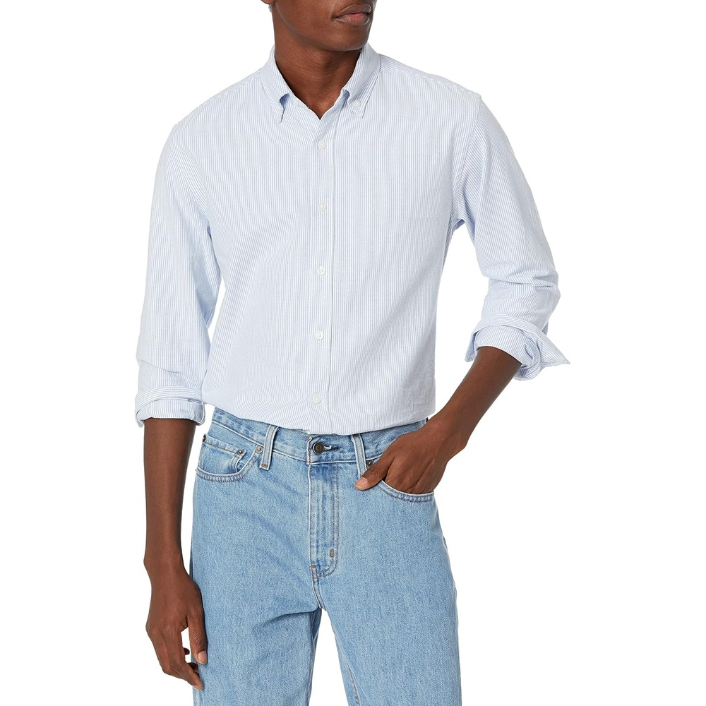 image:imageAmazon Essentials Mens RegularFit Long Sleeve Oxford Shirt 100 CottonBlue Stripe