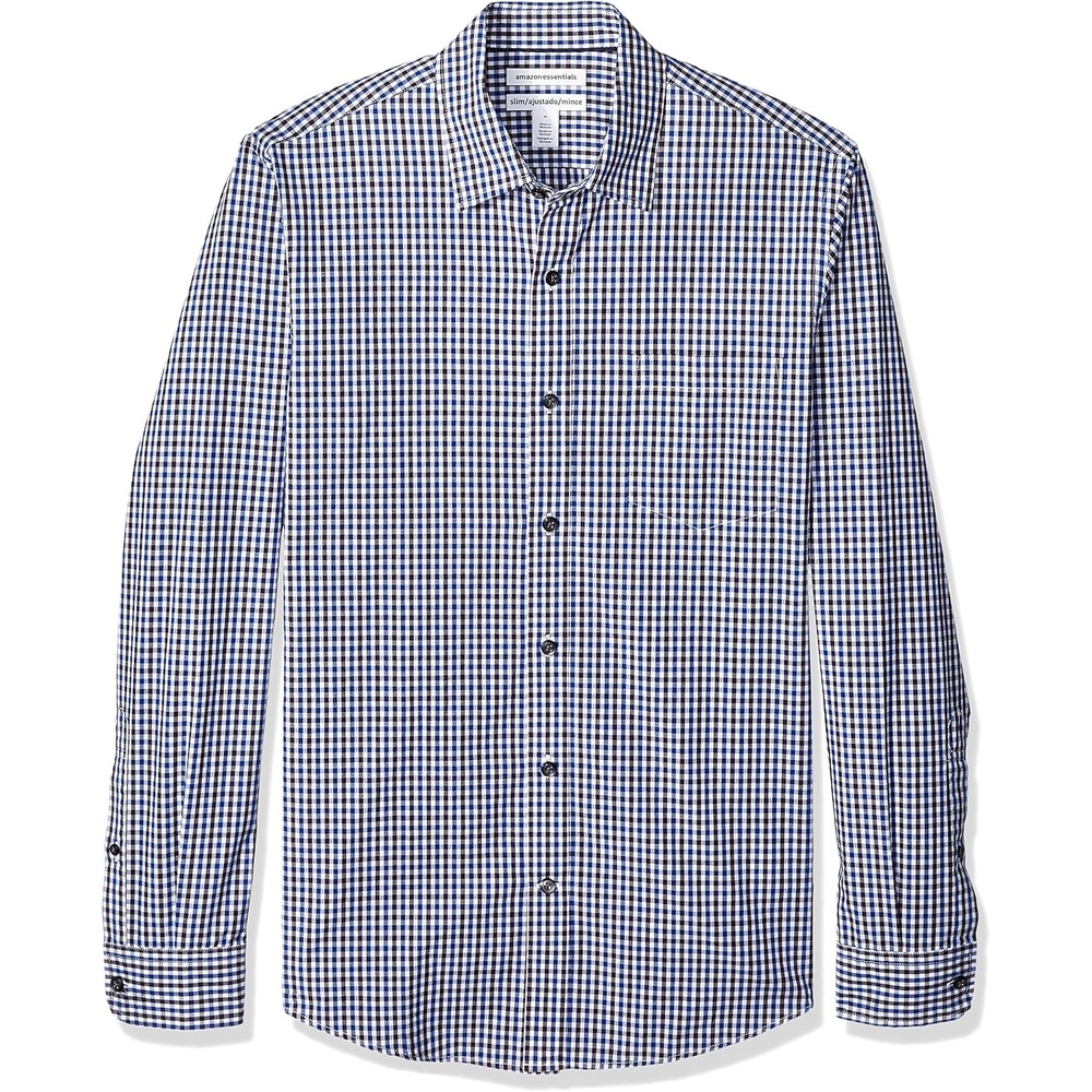 image:imageAmazon Essentials Mens RegularFit LongSleeve Casual Poplin Shirt Button Front Business Casual CollaredBlack Blue Gingham