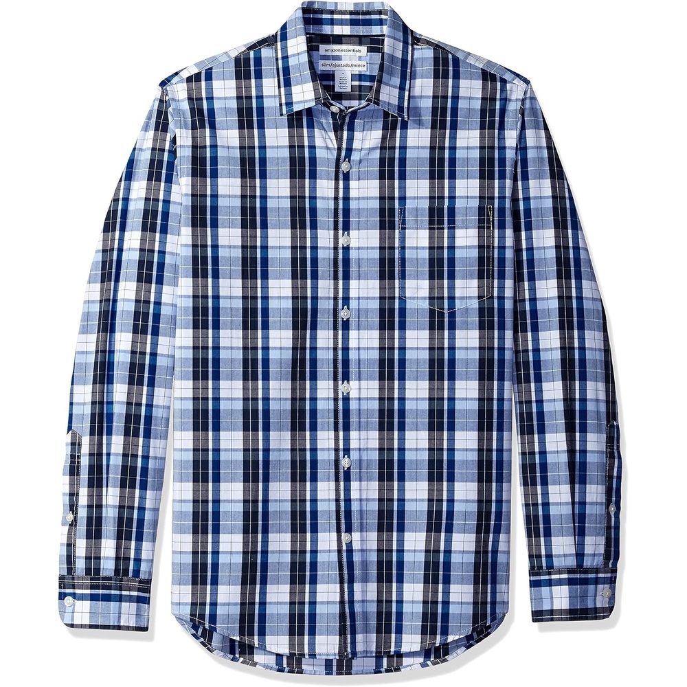 image:imageAmazon Essentials Mens RegularFit LongSleeve Casual Poplin Shirt Button Front Business Casual CollaredBlue Charcoal Plaid