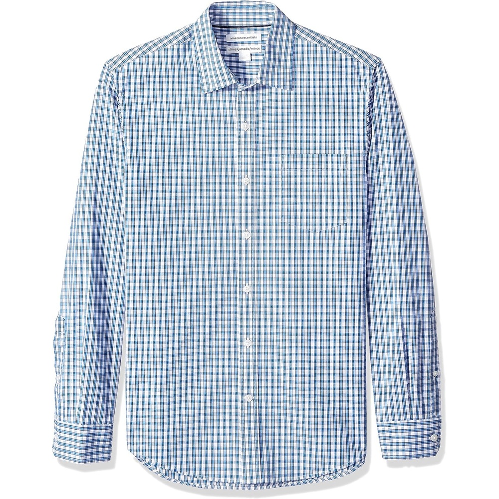 image:imageAmazon Essentials Mens RegularFit LongSleeve Casual Poplin Shirt Button Front Business Casual CollaredBlue Checked