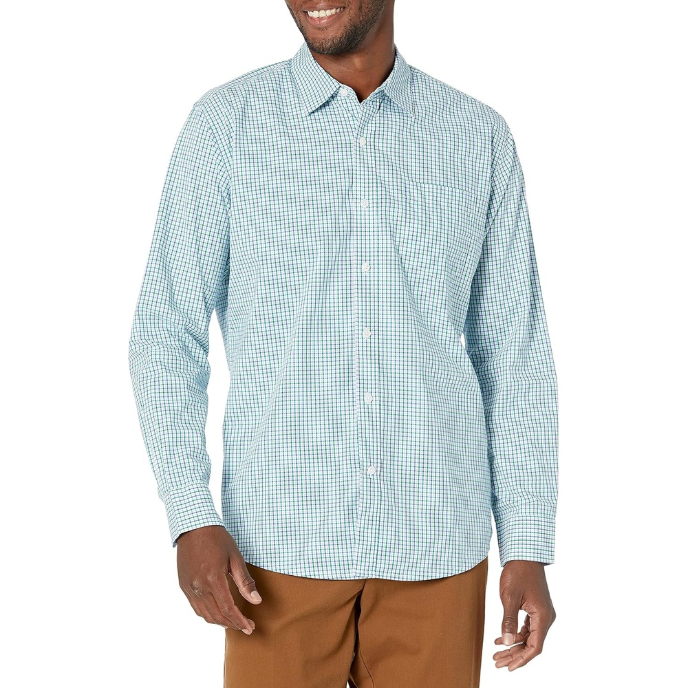 image:imageAmazon Essentials Mens RegularFit LongSleeve Casual Poplin Shirt Button Front Business Casual CollaredBlue Green Checked