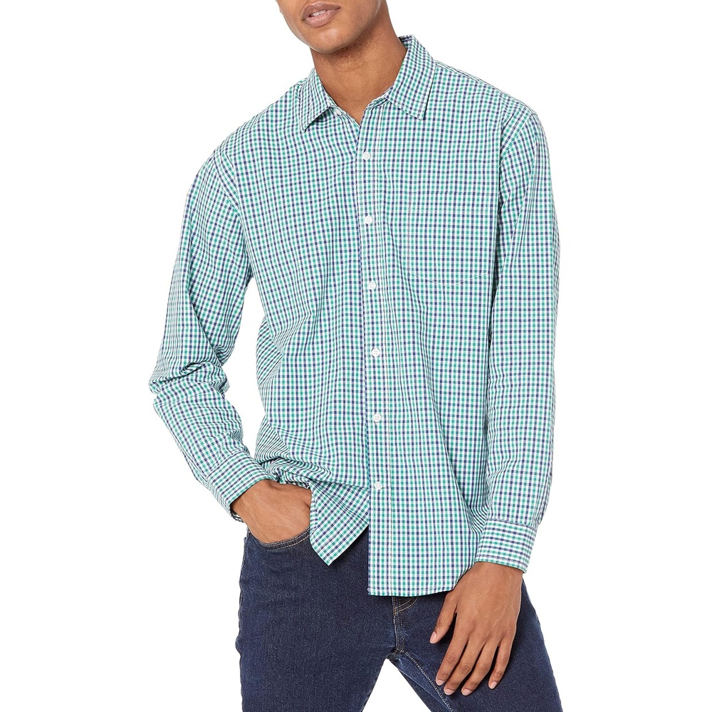 image:imageAmazon Essentials Mens RegularFit LongSleeve Casual Poplin Shirt Button Front Business Casual CollaredBlue Green Gingham