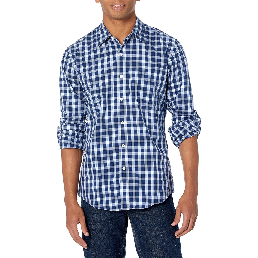 image:imageAmazon Essentials Mens RegularFit LongSleeve Casual Poplin Shirt Button Front Business Casual CollaredBlue PlaidRed