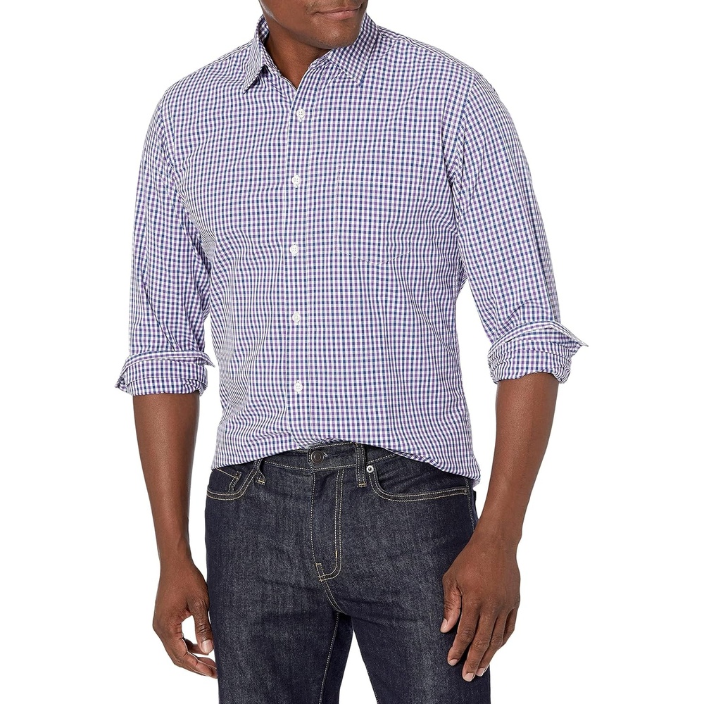 image:imageAmazon Essentials Mens RegularFit LongSleeve Casual Poplin Shirt Button Front Business Casual CollaredBlue Purple Gingham