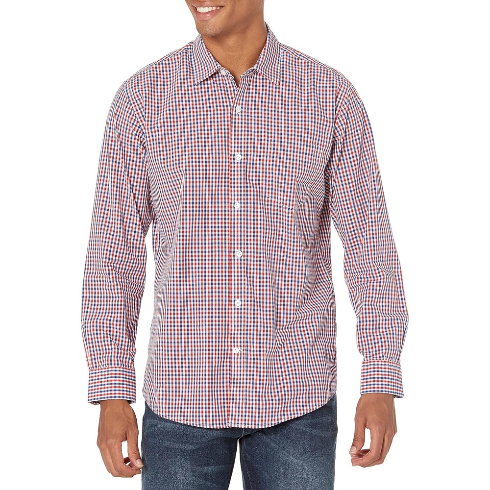 image:imageAmazon Essentials Mens RegularFit LongSleeve Casual Poplin Shirt Button Front Business Casual CollaredBlue Red Gingham