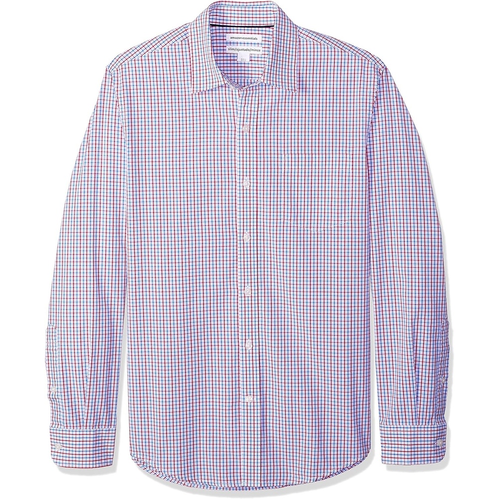image:imageAmazon Essentials Mens RegularFit LongSleeve Casual Poplin Shirt Button Front Business Casual CollaredBlue Red Tattersall Plaid