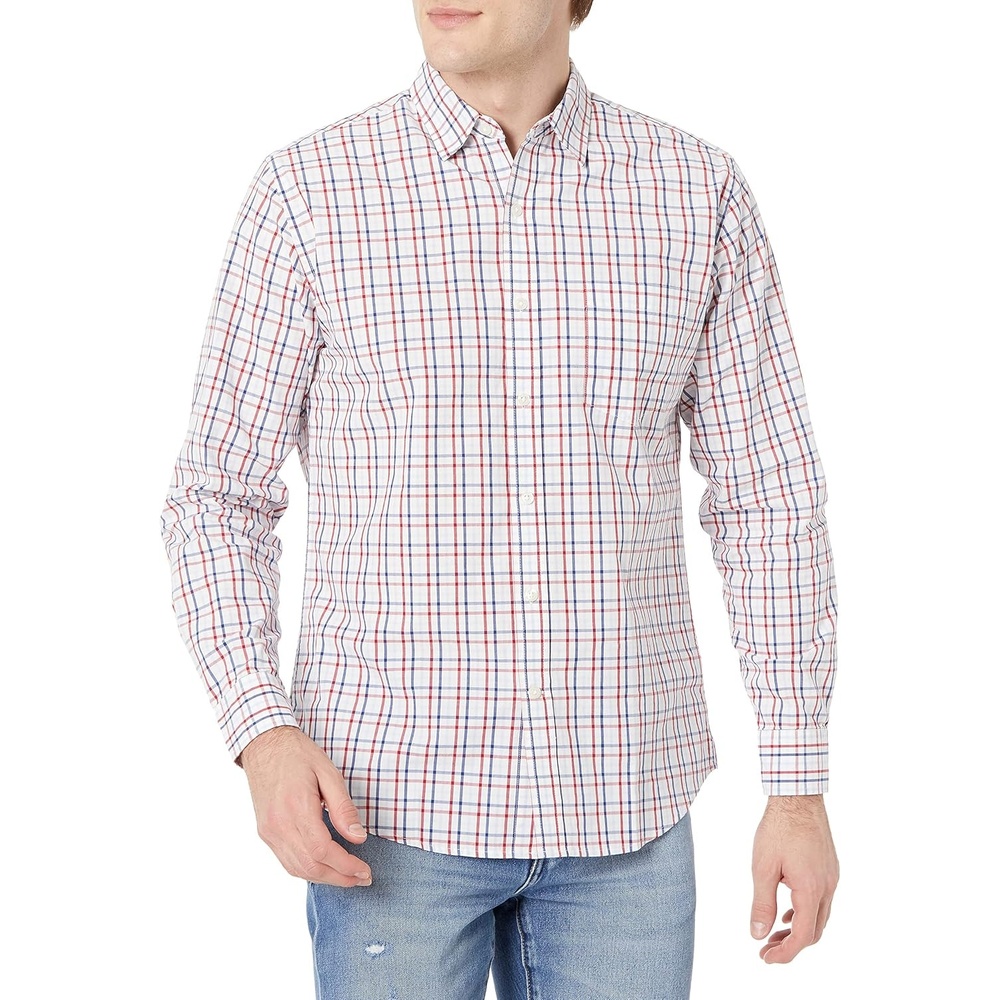 image:imageAmazon Essentials Mens RegularFit LongSleeve Casual Poplin Shirt Button Front Business Casual CollaredBlue Red White Check Plaid