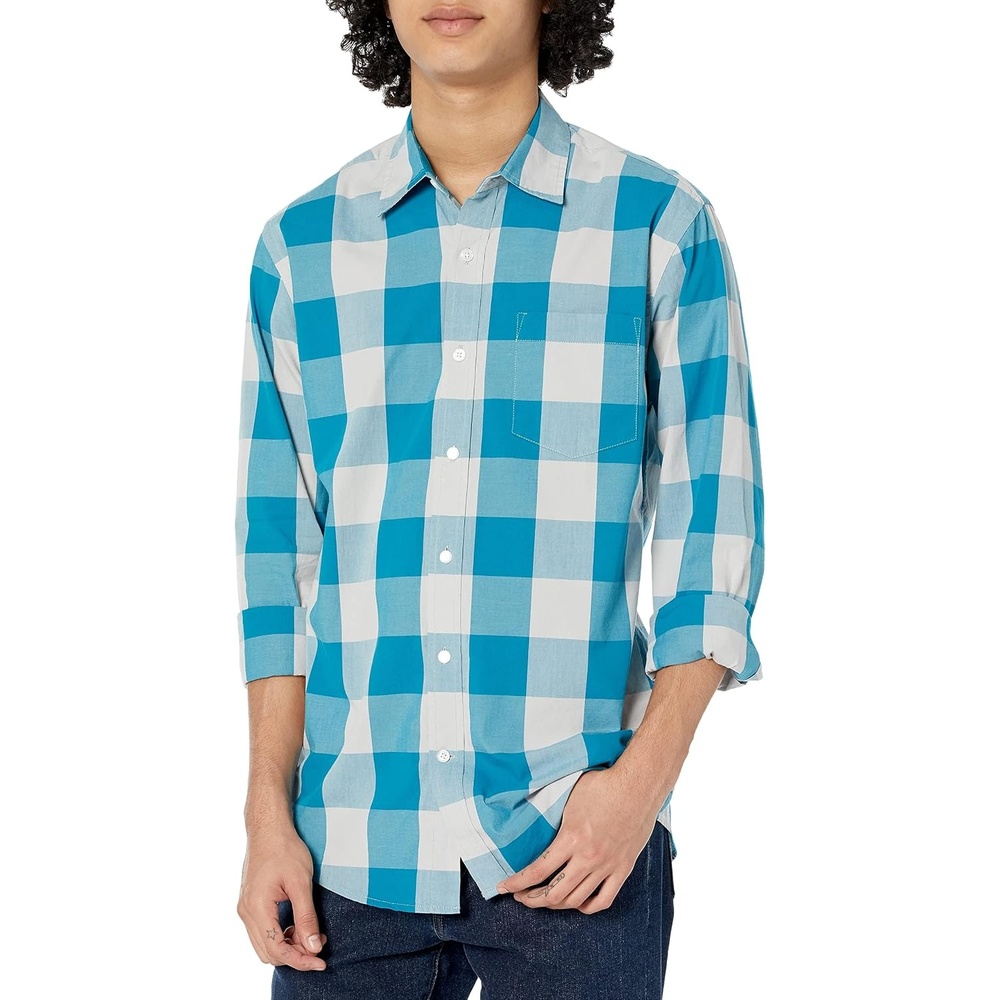 image:imageAmazon Essentials Mens RegularFit LongSleeve Casual Poplin Shirt Button Front Business Casual CollaredBlue White Buffalo Plaid