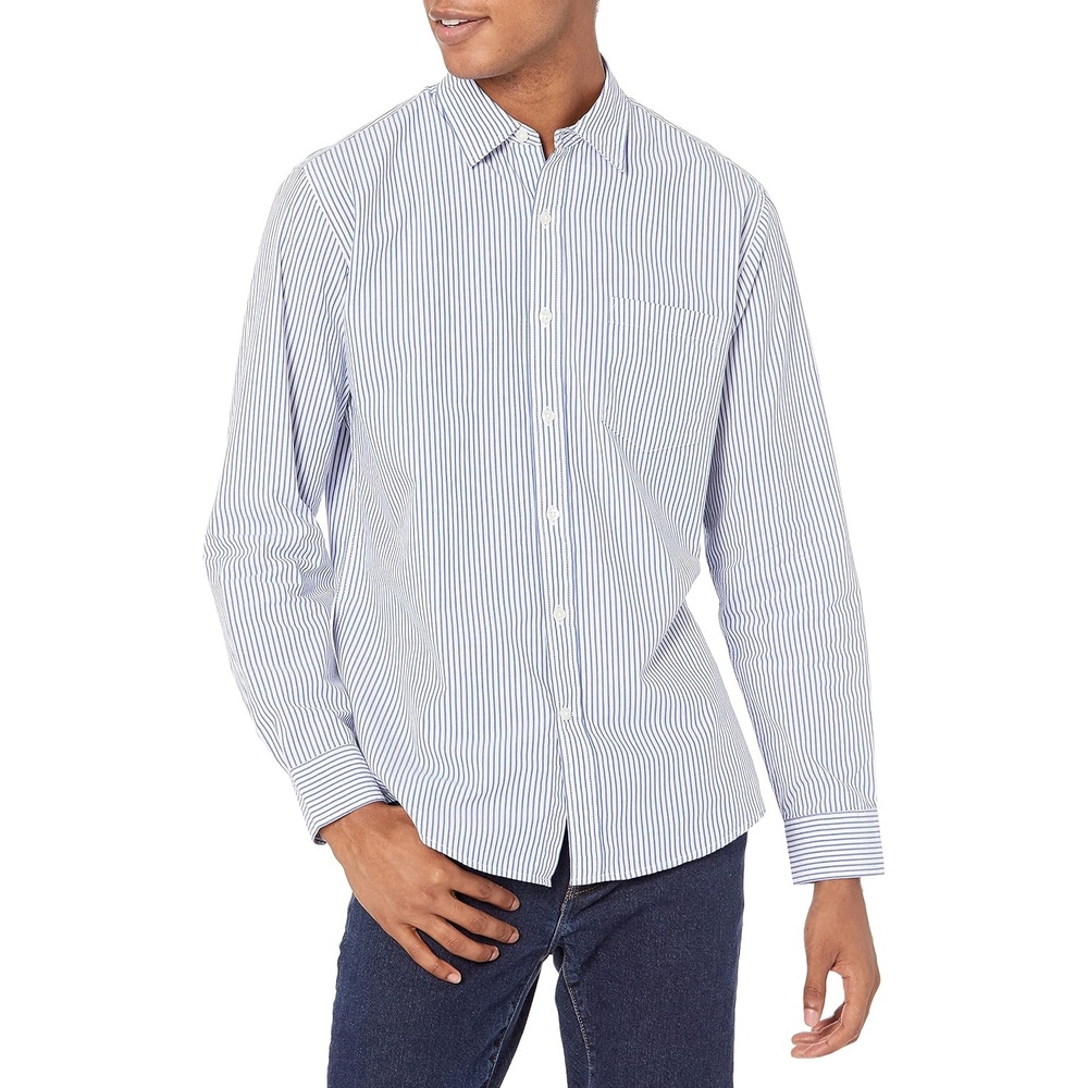 image:imageAmazon Essentials Mens RegularFit LongSleeve Casual Poplin Shirt Button Front Business Casual CollaredBlue White Vertical Stripe