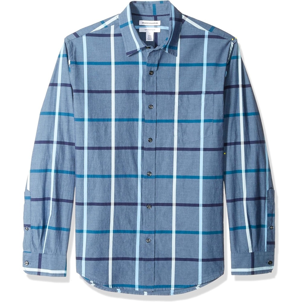image:imageAmazon Essentials Mens RegularFit LongSleeve Casual Poplin Shirt Button Front Business Casual CollaredDenim Large Plaid