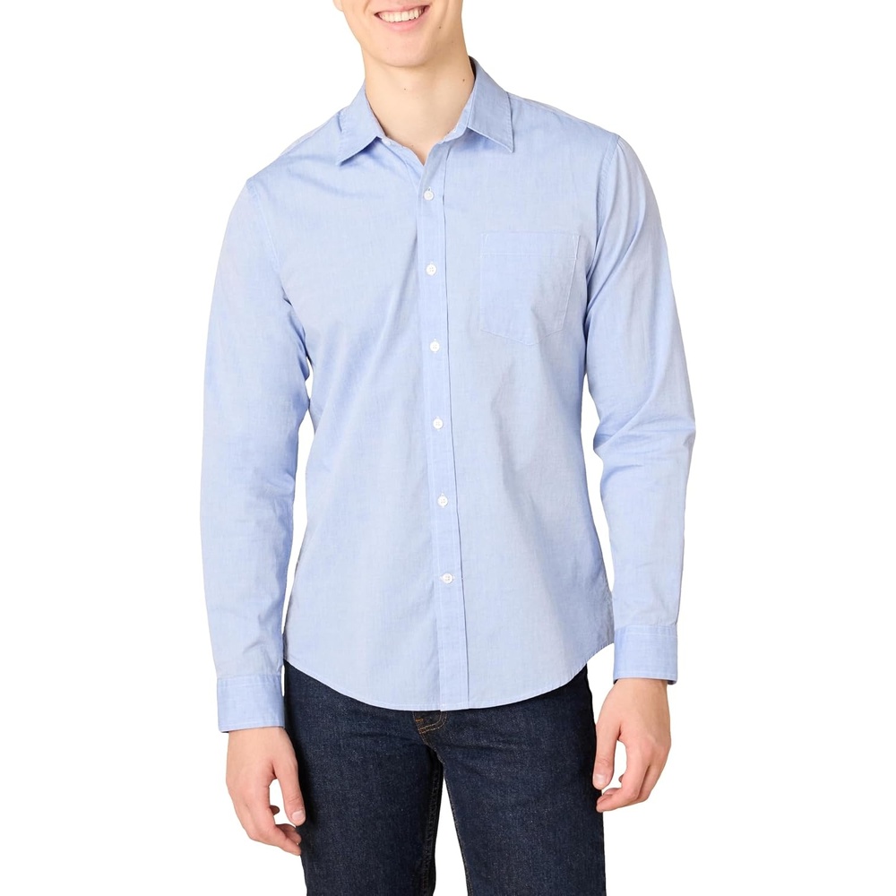 image:imageAmazon Essentials Mens RegularFit LongSleeve Casual Poplin Shirt Button Front Business Casual CollaredFrench Blue