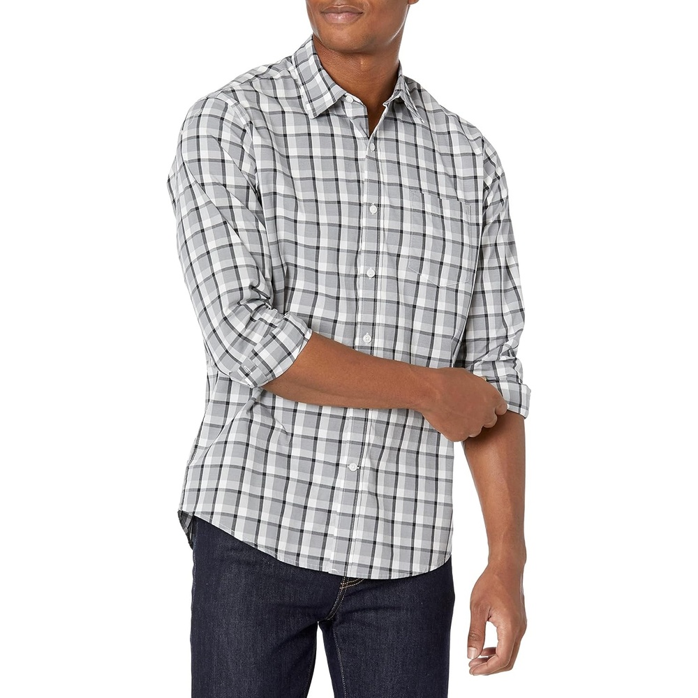 image:imageAmazon Essentials Mens RegularFit LongSleeve Casual Poplin Shirt Button Front Business Casual CollaredGrey Plaid