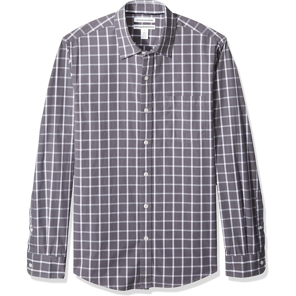 image:imageAmazon Essentials Mens RegularFit LongSleeve Casual Poplin Shirt Button Front Business Casual CollaredGrey Windowpane