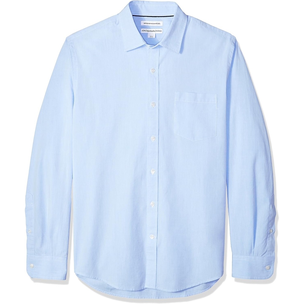 image:imageAmazon Essentials Mens RegularFit LongSleeve Casual Poplin Shirt Button Front Business Casual CollaredLight Blue