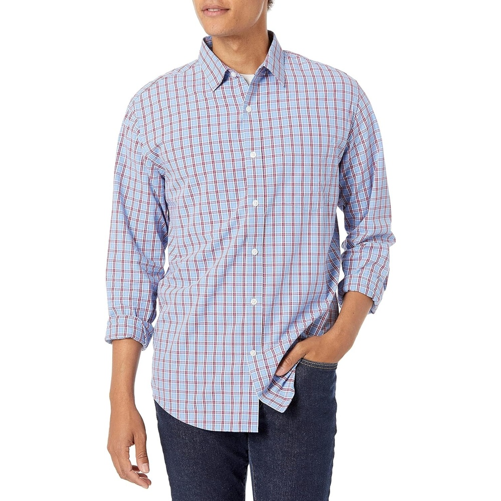 image:imageAmazon Essentials Mens RegularFit LongSleeve Casual Poplin Shirt Button Front Business Casual CollaredLight Blue Red Plaid