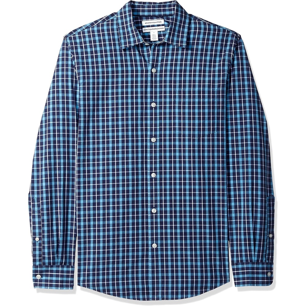 image:imageAmazon Essentials Mens RegularFit LongSleeve Casual Poplin Shirt Button Front Business Casual CollaredNavy Plaid