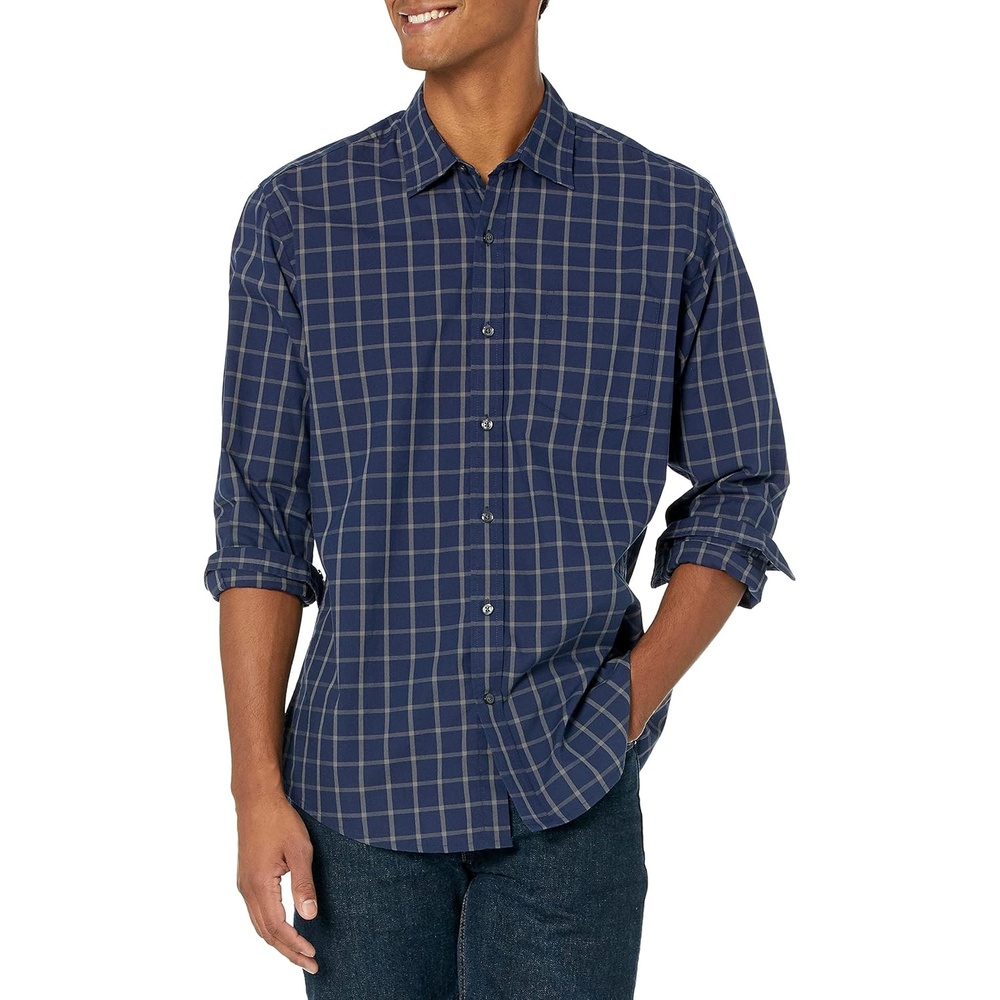 image:imageAmazon Essentials Mens RegularFit LongSleeve Casual Poplin Shirt Button Front Business Casual CollaredNavy Windowpane