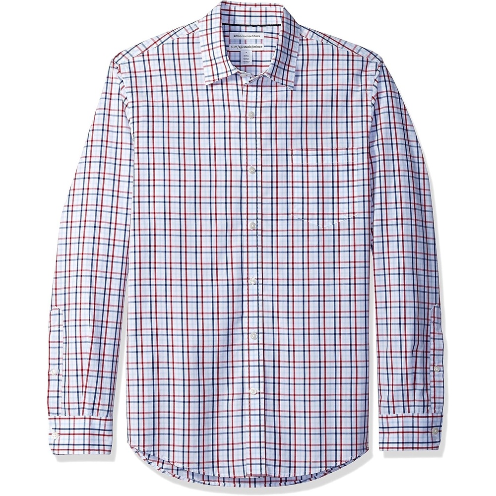 image:imageAmazon Essentials Mens RegularFit LongSleeve Casual Poplin Shirt Button Front Business Casual CollaredRed White Plaid