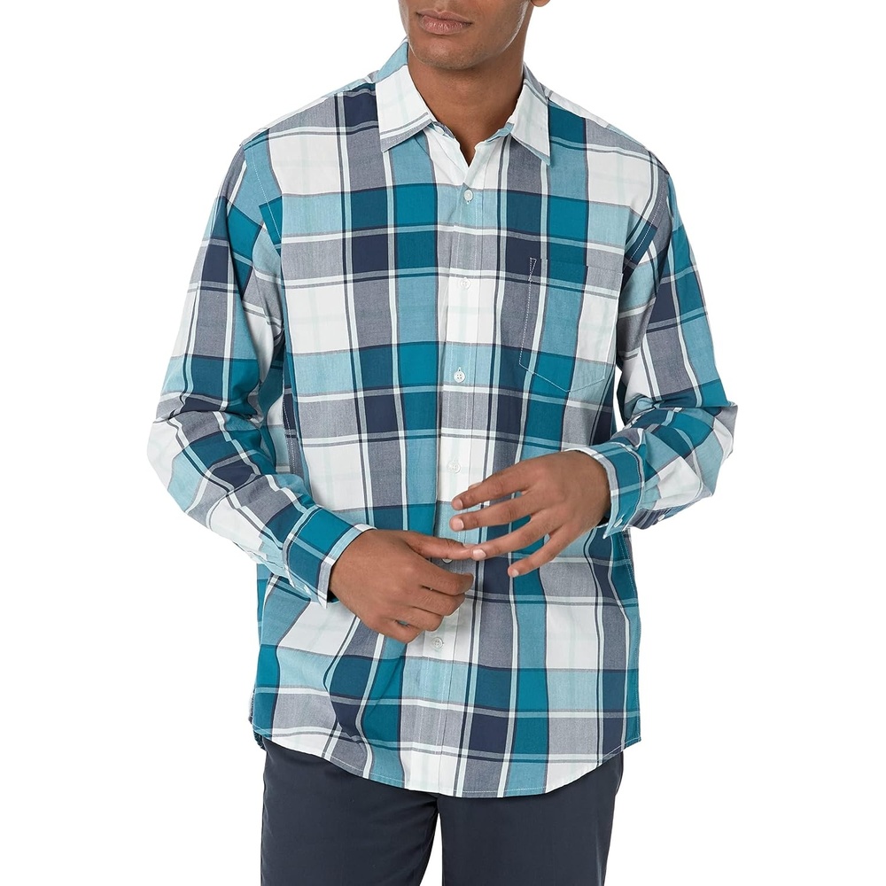 image:imageAmazon Essentials Mens RegularFit LongSleeve Casual Poplin Shirt Button Front Business Casual CollaredTeal Blue Navy Large Plaid
