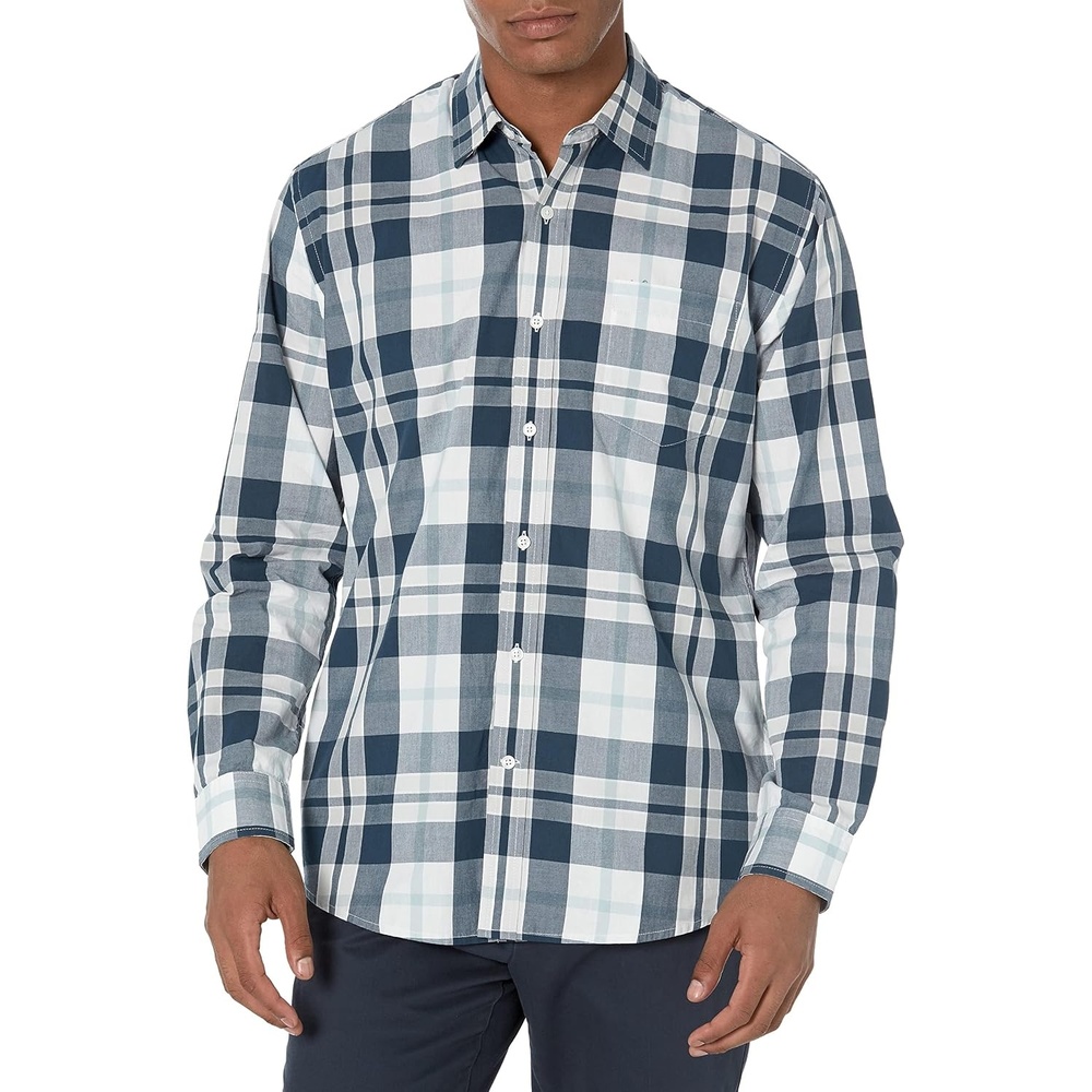 image:imageAmazon Essentials Mens RegularFit LongSleeve Casual Poplin Shirt Button Front Business Casual CollaredWhite Navy Large Plaid