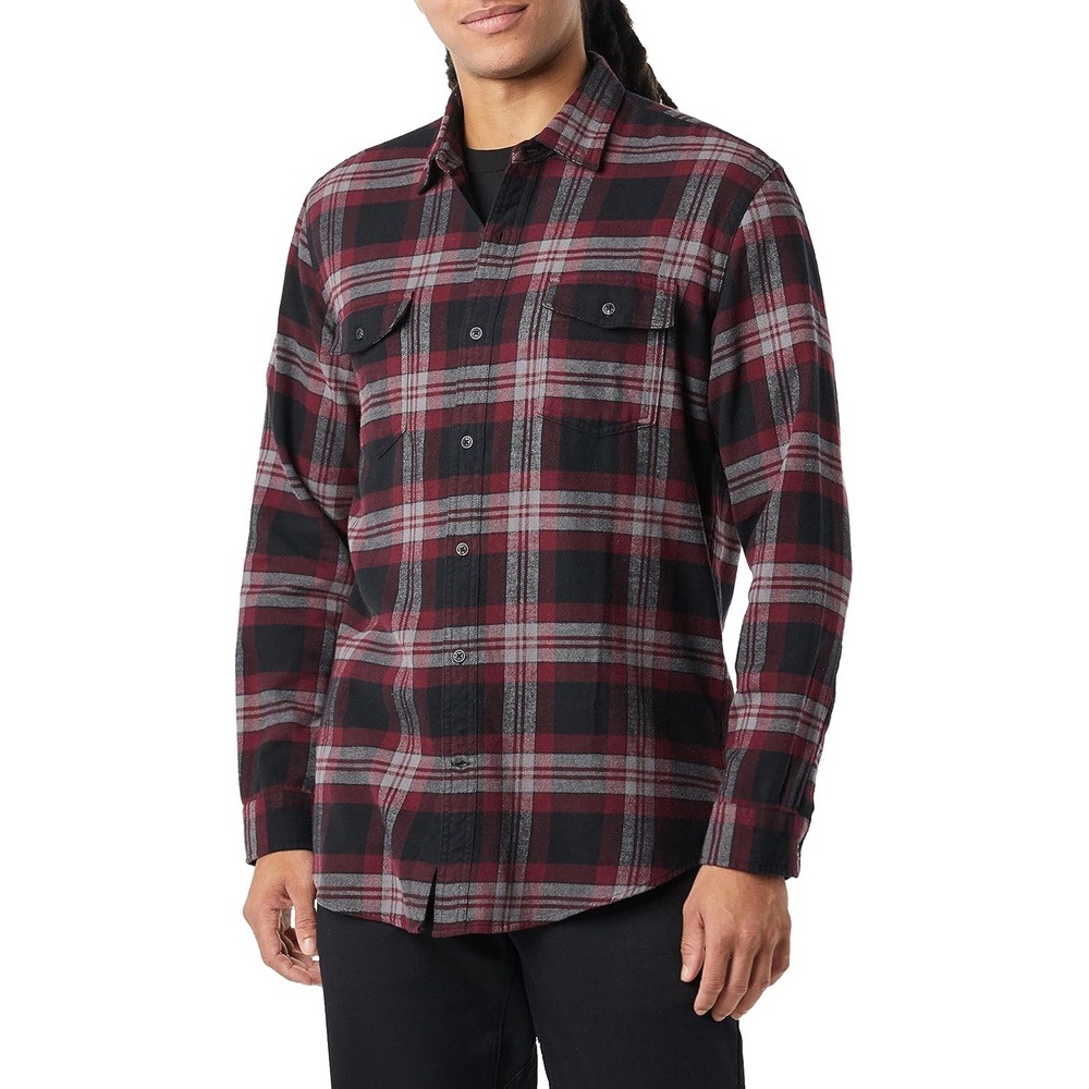 image:imageAmazon Essentials Mens RegularFit LongSleeve Flannel Shirt ButtonUp Cotton Twill Double Chest PocketsBlack Burgundy Plaid