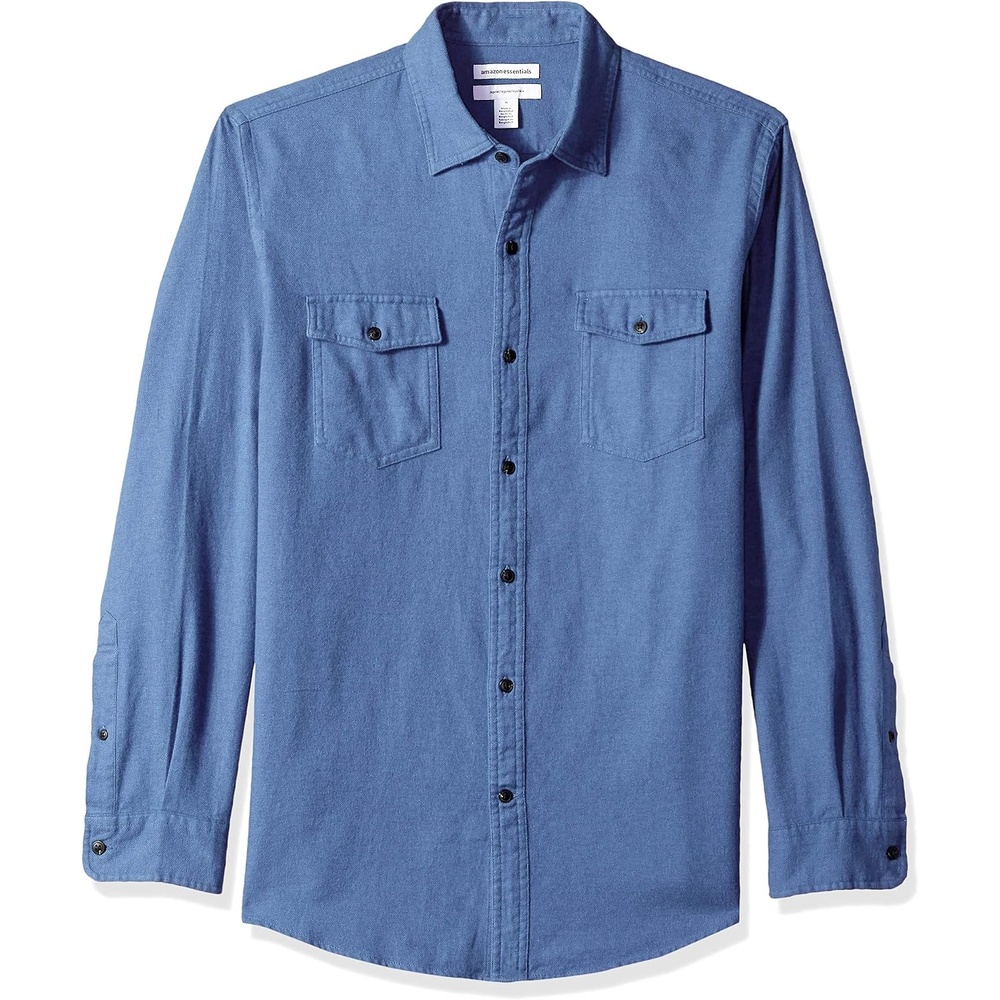image:imageAmazon Essentials Mens RegularFit LongSleeve Flannel Shirt ButtonUp Cotton Twill Double Chest PocketsBlue Heather