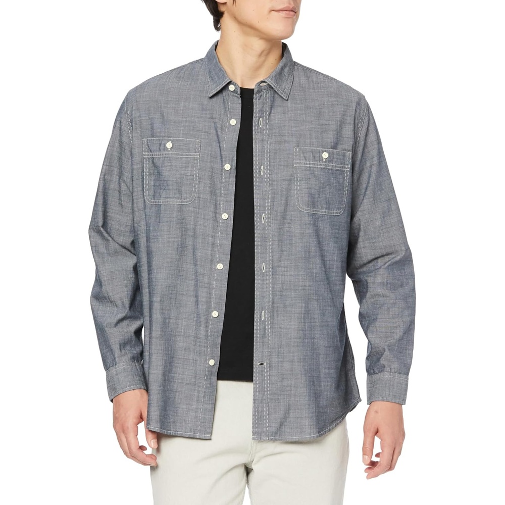 image:imageAmazon Essentials Mens RegularFit LongSleeve Lightweight Cotton Chambray Shirt with PocketsGrey