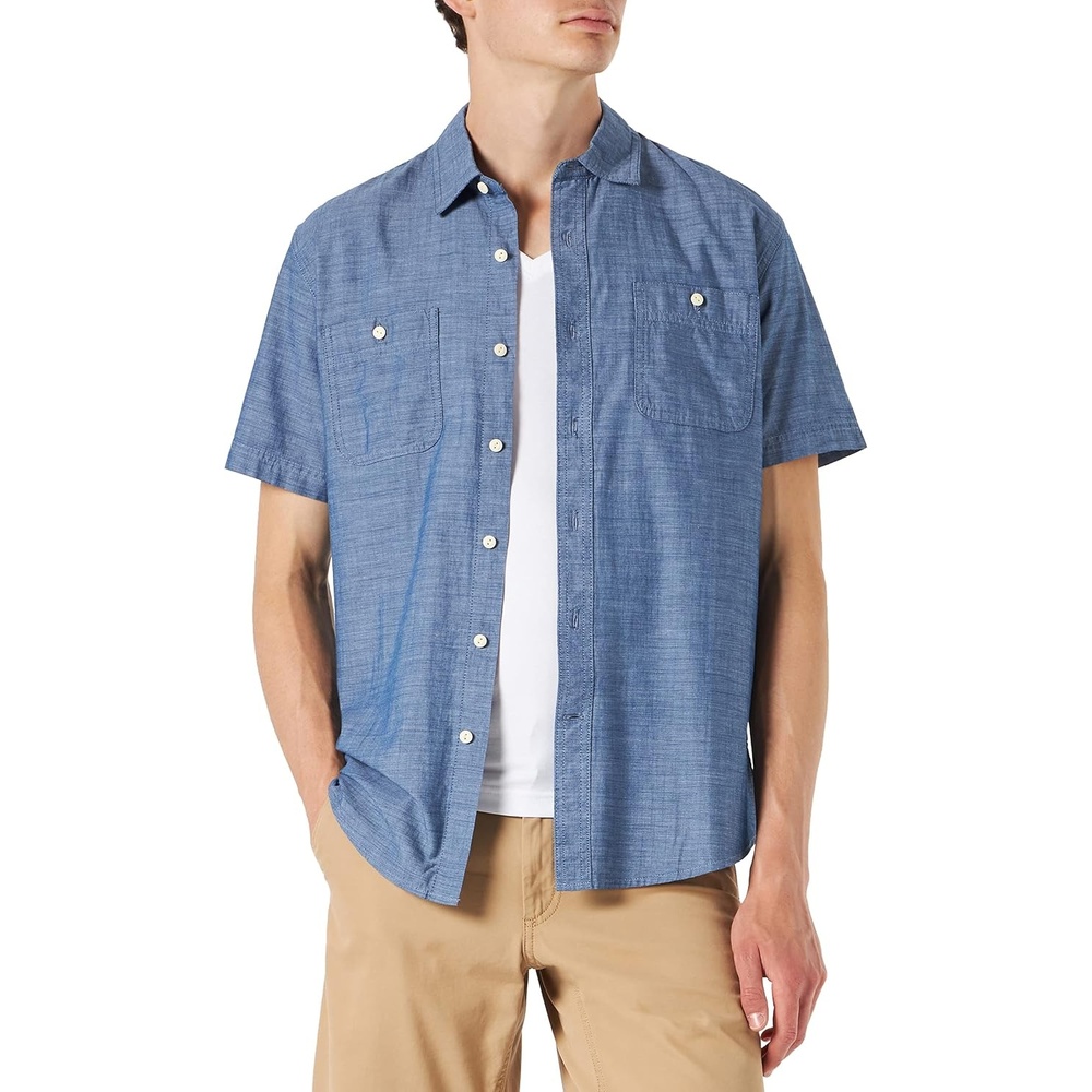 image:imageAmazon Essentials Mens RegularFit ShortSleeve ButtonDown Chambray ShirtBlue