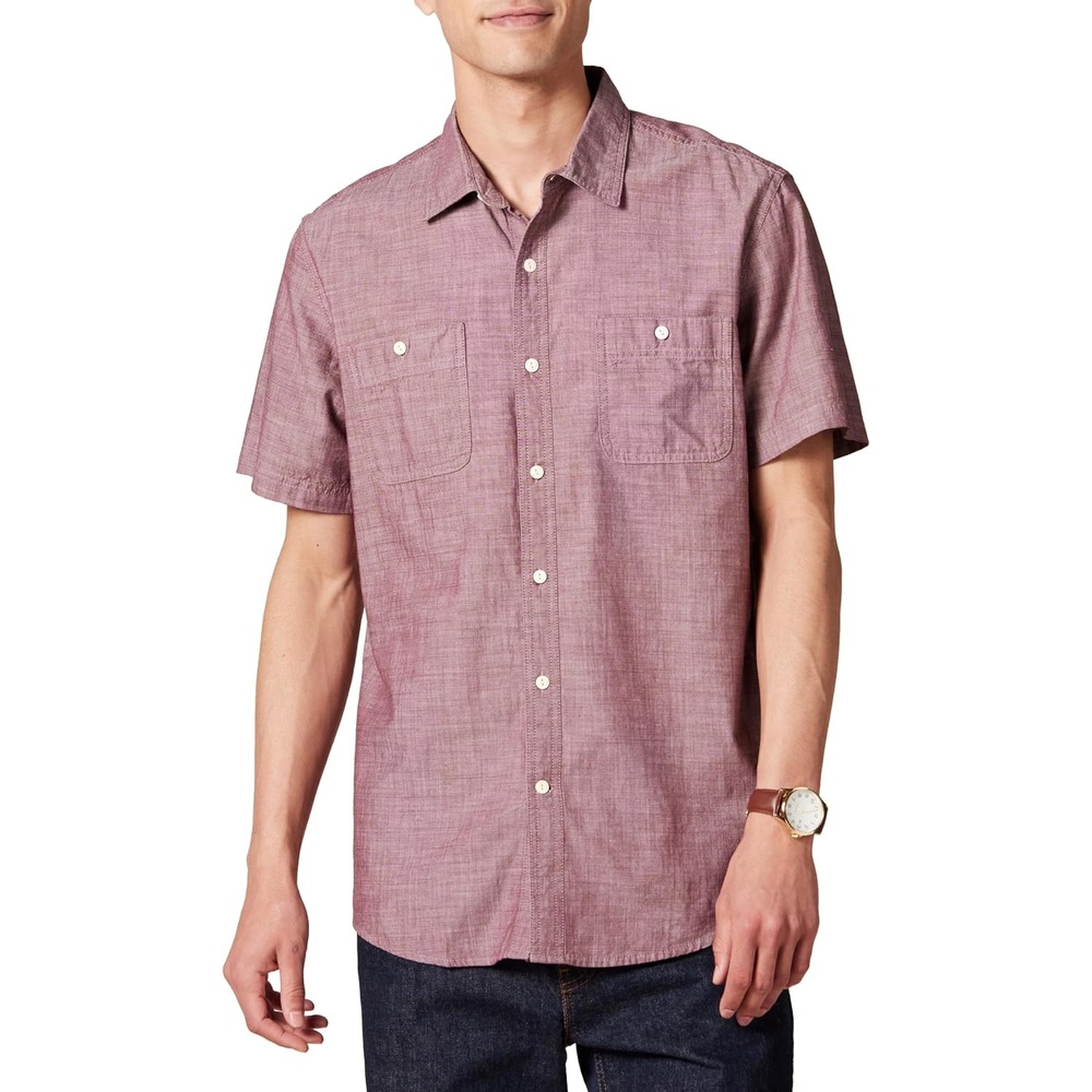 image:imageAmazon Essentials Mens RegularFit ShortSleeve ButtonDown Chambray ShirtBurgundy