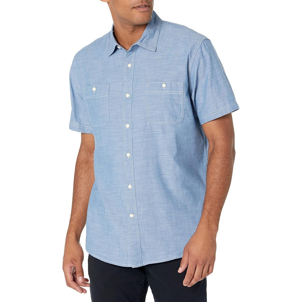 image:imageAmazon Essentials Mens RegularFit ShortSleeve ButtonDown Chambray ShirtMedium Blue