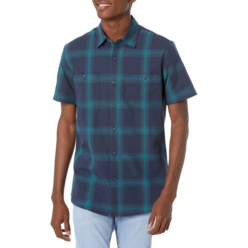 image:imageAmazon Essentials Mens RegularFit ShortSleeve ButtonDown Chambray ShirtNavy Gradient Plaid