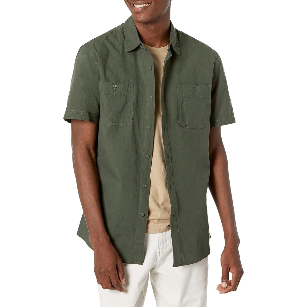 image:imageAmazon Essentials Mens RegularFit ShortSleeve ButtonDown Chambray ShirtOlive