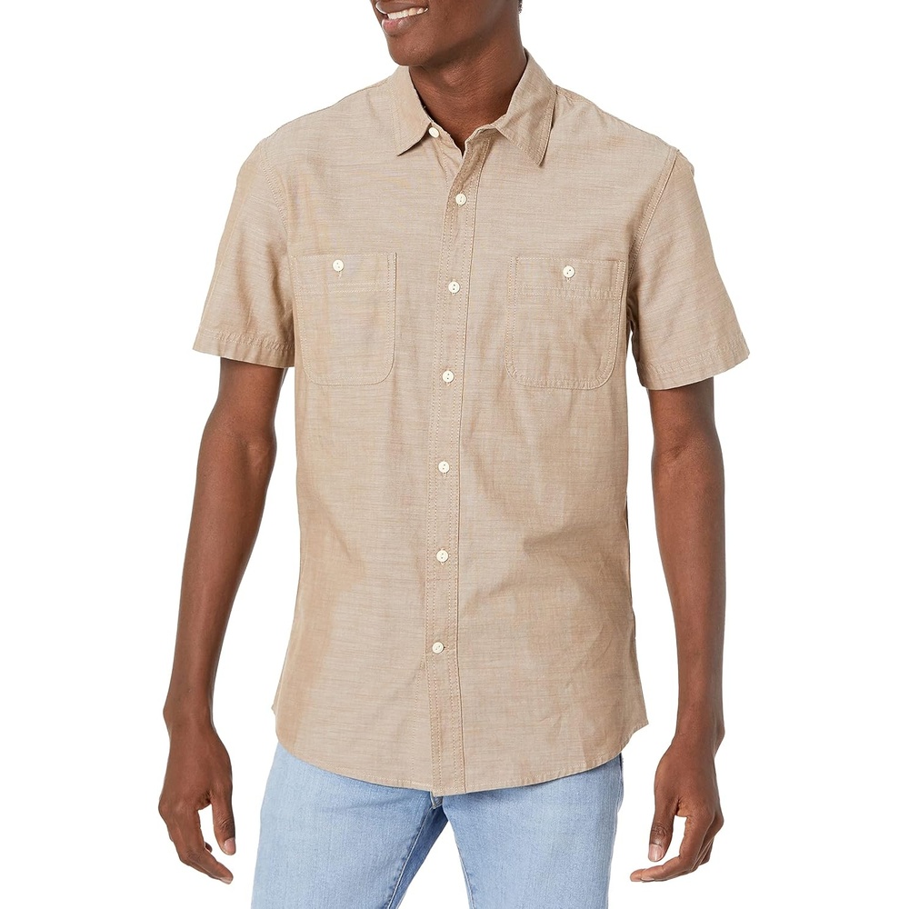 image:imageAmazon Essentials Mens RegularFit ShortSleeve ButtonDown Chambray ShirtTan