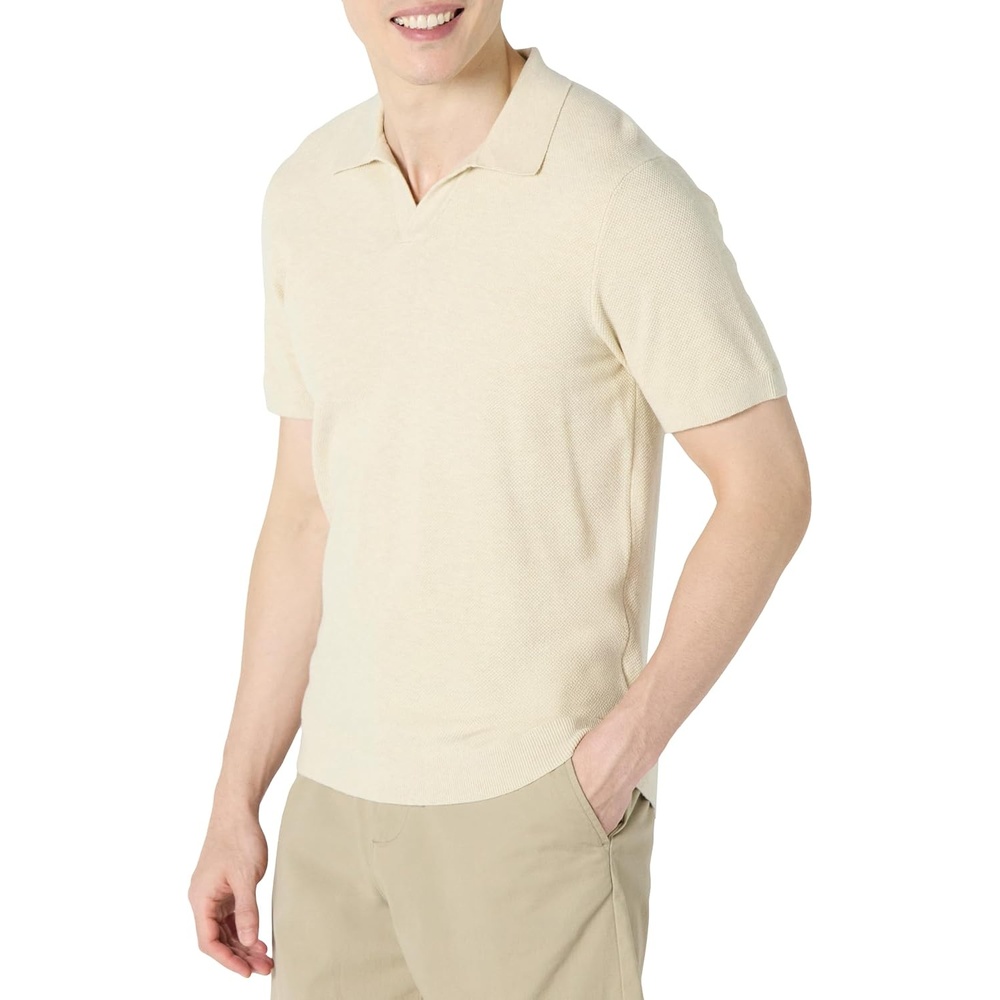 image:imageAmazon Essentials Mens RegularFit ShortSleeve Knit Polo Sweater Breathable Cotton NylonSand Heather