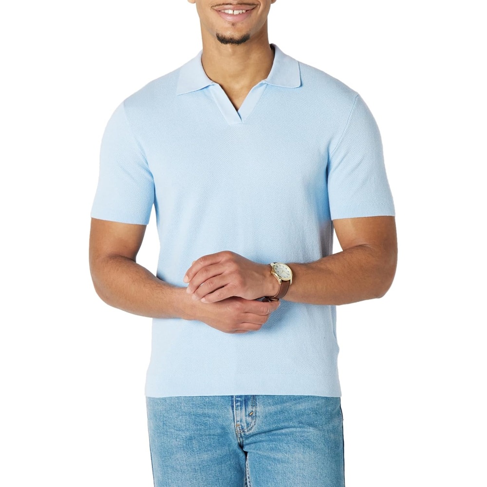 image:imageAmazon Essentials Mens RegularFit ShortSleeve Knit Polo Sweater Breathable Cotton NylonSky Blue