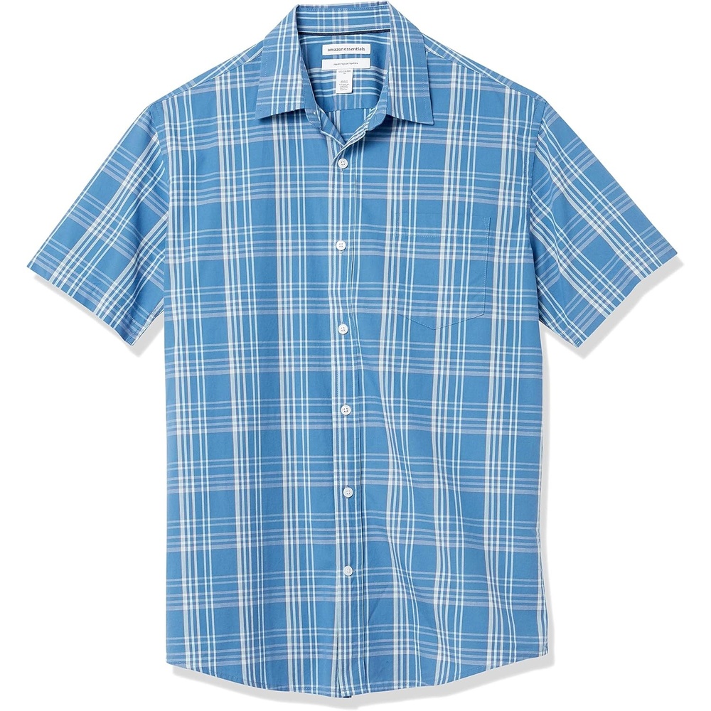 image:imageAmazon Essentials Mens RegularFit ShortSleeve Poplin Shirt Collared WashedAqua Blue Checked