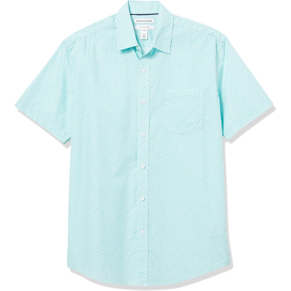 image:imageAmazon Essentials Mens RegularFit ShortSleeve Poplin Shirt Collared WashedAqua Blue FloralLeaf Print