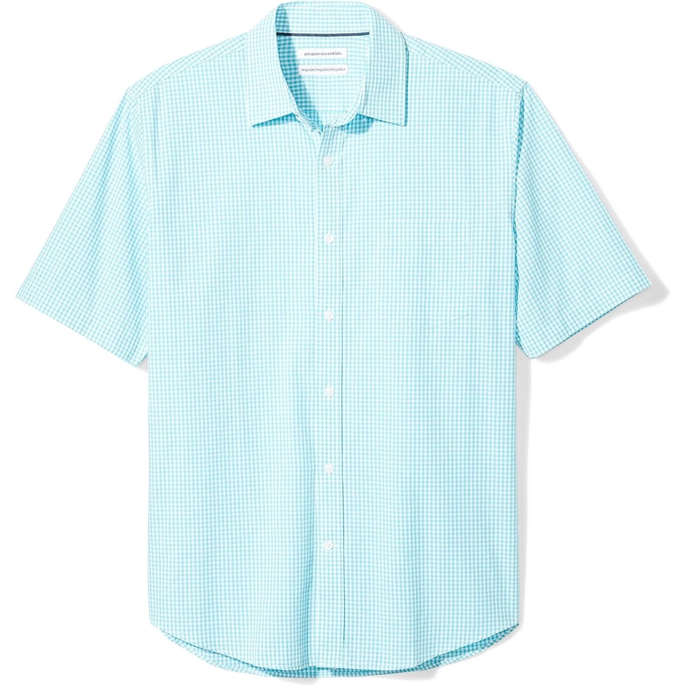 image:imageAmazon Essentials Mens RegularFit ShortSleeve Poplin Shirt Collared WashedAqua Blue Gingham