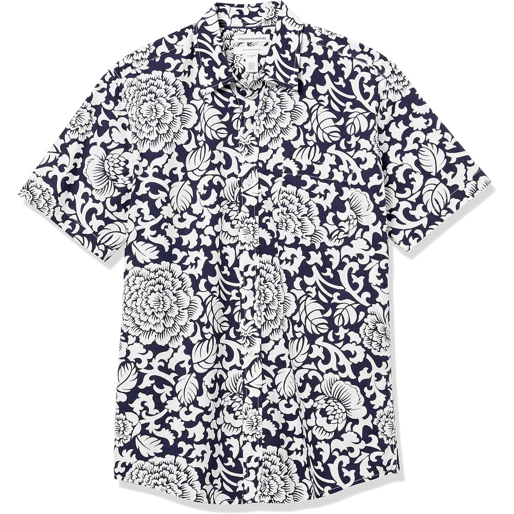 image:imageAmazon Essentials Mens RegularFit ShortSleeve Poplin Shirt Collared WashedBlackWhite Floral