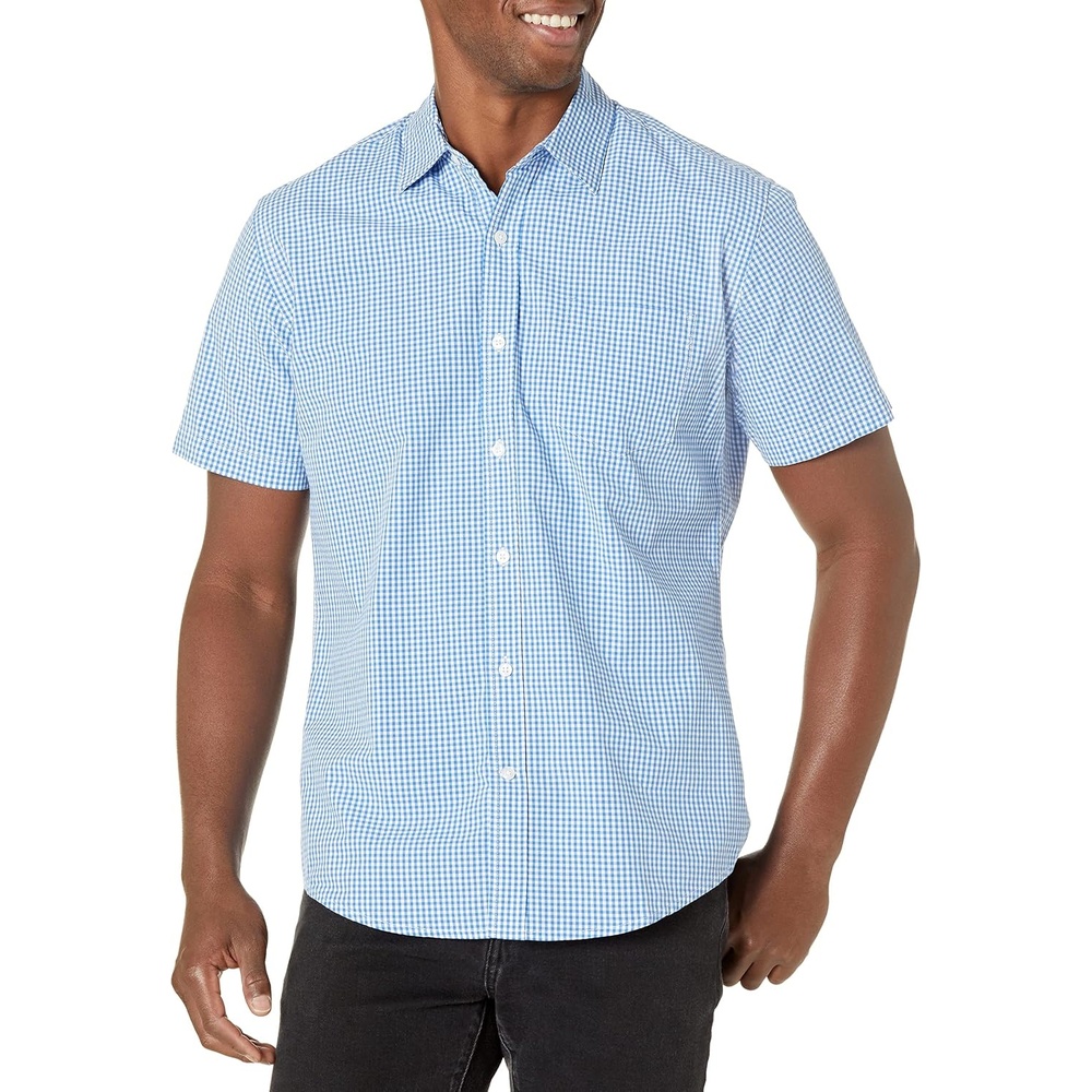 image:imageAmazon Essentials Mens RegularFit ShortSleeve Poplin Shirt Collared WashedBlue Gingham
