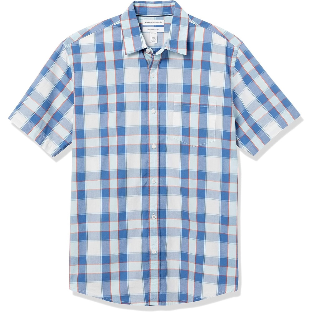 image:imageAmazon Essentials Mens RegularFit ShortSleeve Poplin Shirt Collared WashedBlueOrange Checked