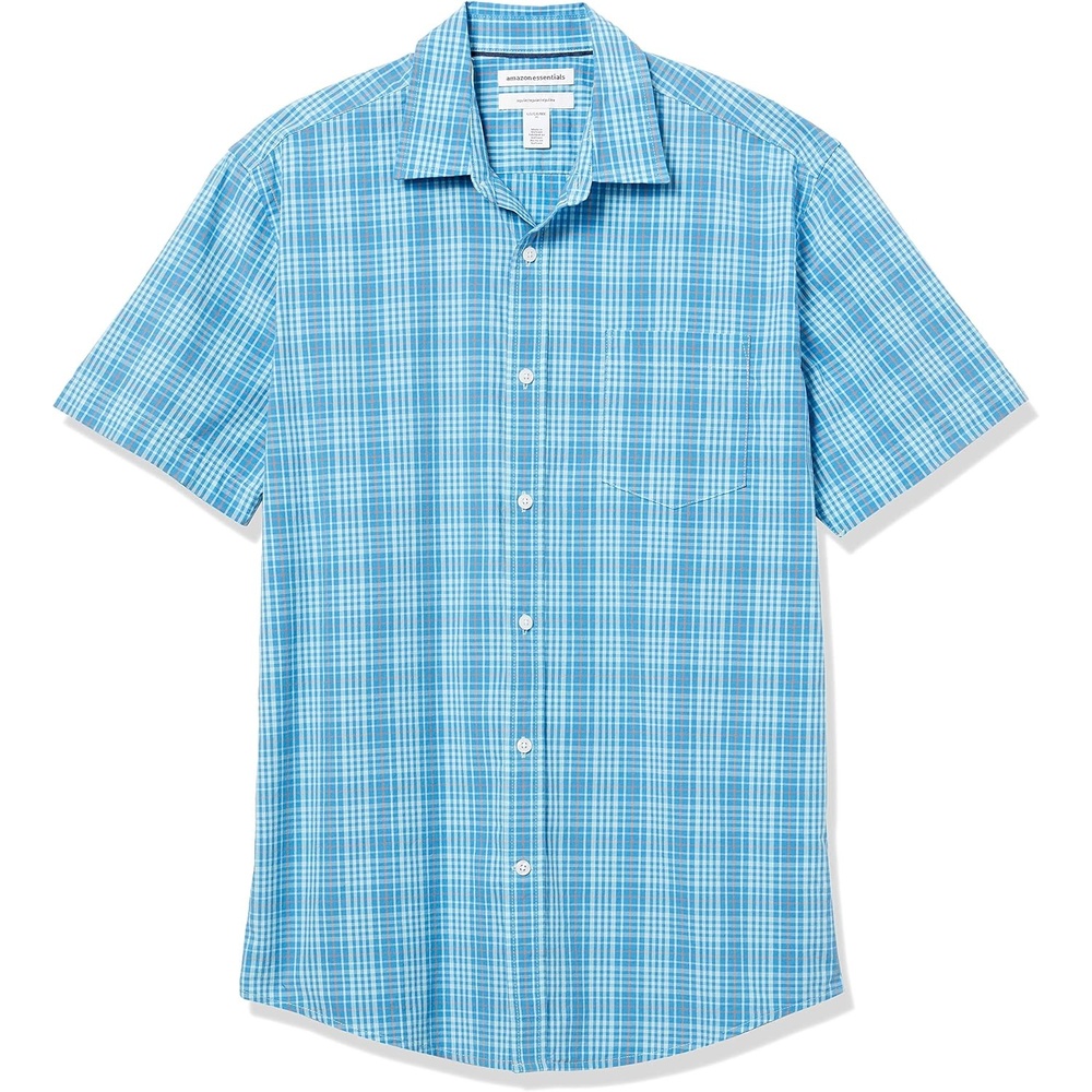 image:imageAmazon Essentials Mens RegularFit ShortSleeve Poplin Shirt Collared WashedBlueOrange Plaid