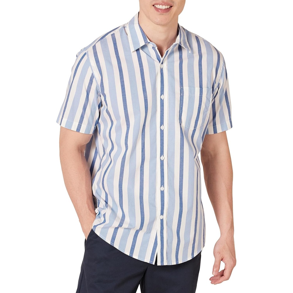 image:imageAmazon Essentials Mens RegularFit ShortSleeve Poplin Shirt Collared WashedBlueWhite Stripe
