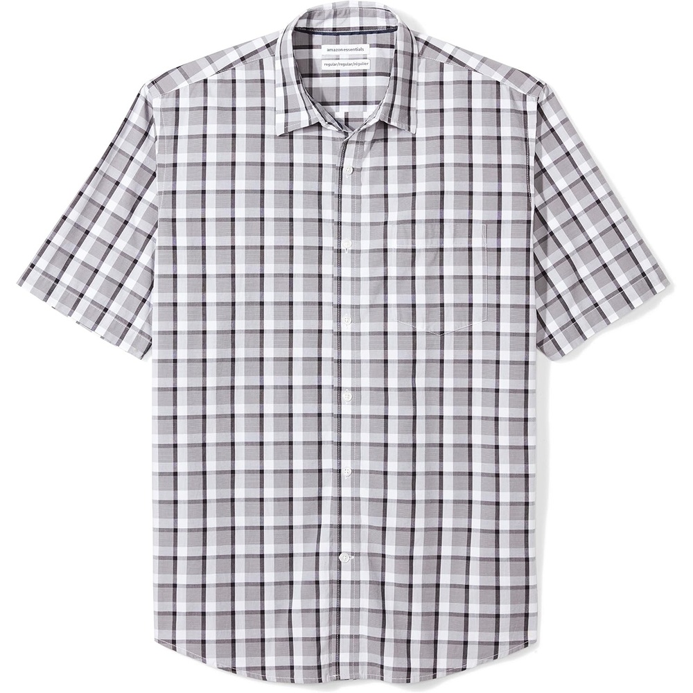 image:imageAmazon Essentials Mens RegularFit ShortSleeve Poplin Shirt Collared WashedGreyBlack Plaid