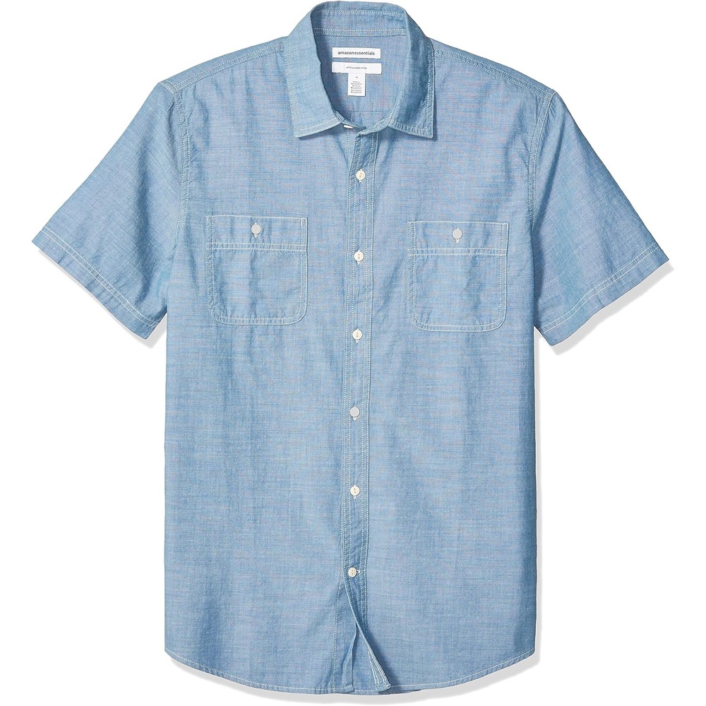 image:imageAmazon Essentials Mens RegularFit ShortSleeve Poplin Shirt Collared WashedMedium Blue