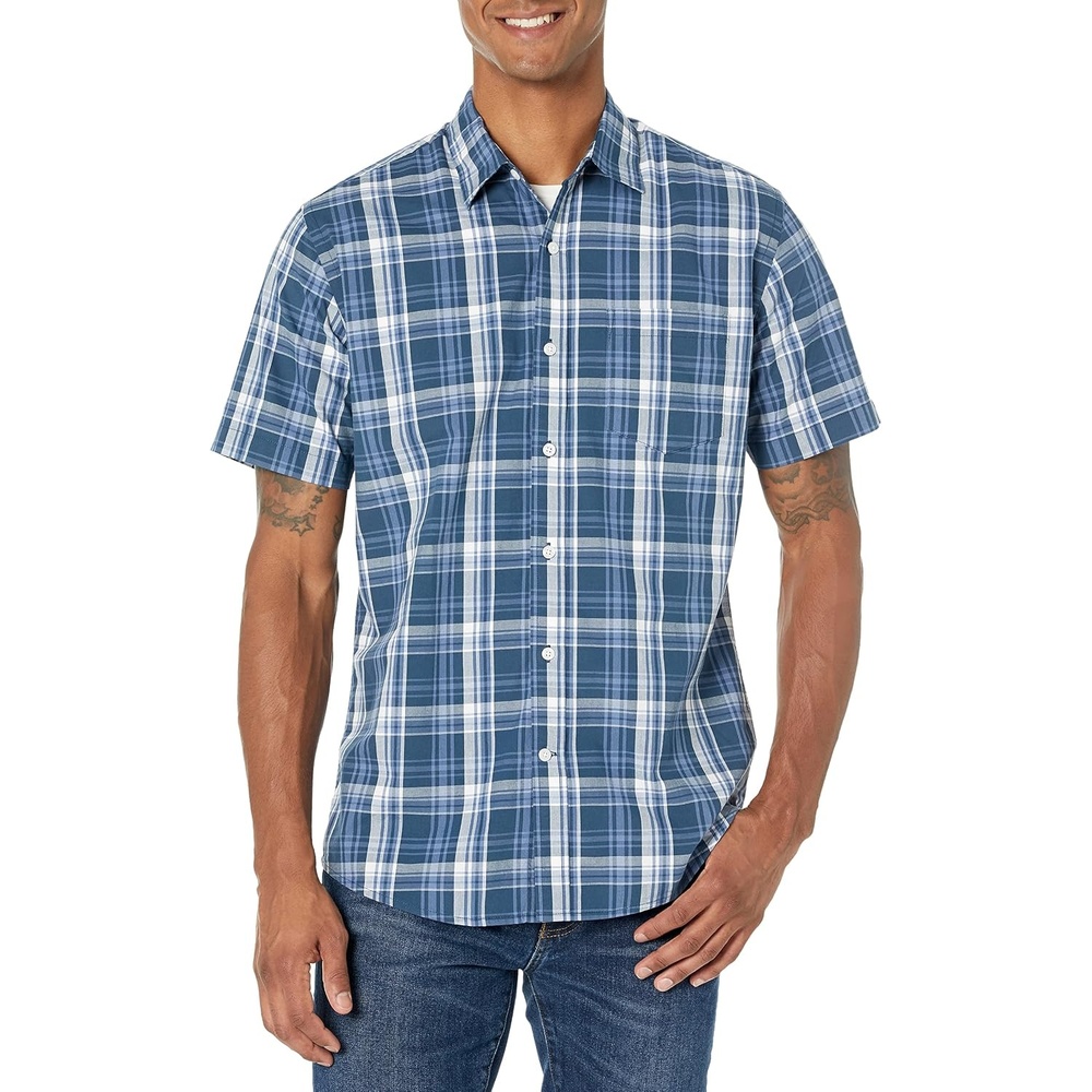 image:imageAmazon Essentials Mens RegularFit ShortSleeve Poplin Shirt Collared WashedNavy Medium Plaid