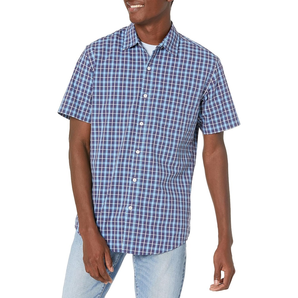 image:imageAmazon Essentials Mens RegularFit ShortSleeve Poplin Shirt Collared WashedNavy Plaid