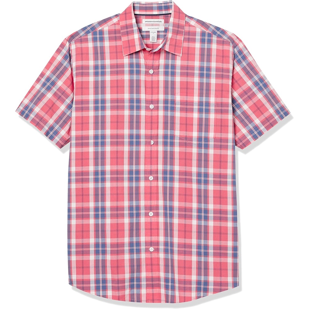 image:imageAmazon Essentials Mens RegularFit ShortSleeve Poplin Shirt Collared WashedWashed Red Windowpane